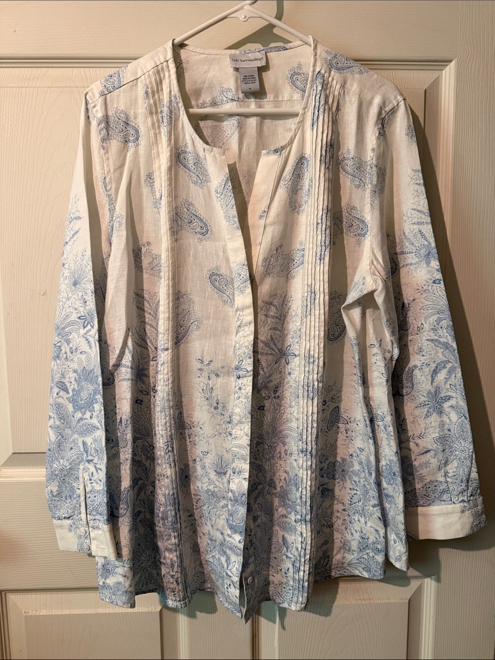 Soft Surroundings White Button-Front Tunic with Blue Paisley Print